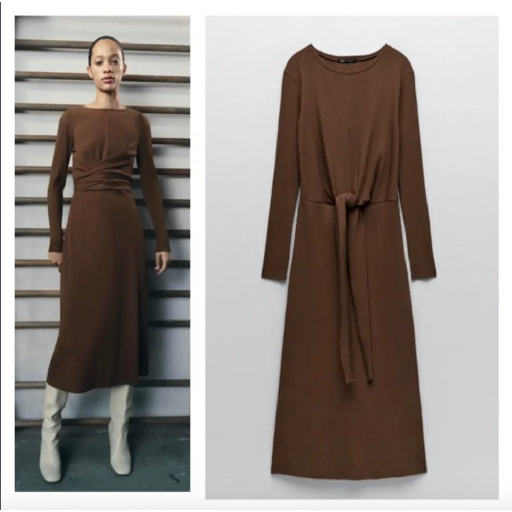 Zara Knit Tie Waist Midi Dress in Chocolate L NWOT